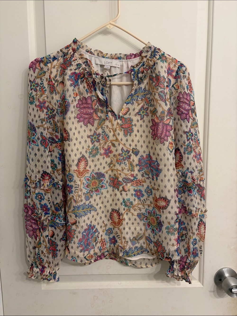 LOFT Cream Floral Ruffle-Neck Blouse